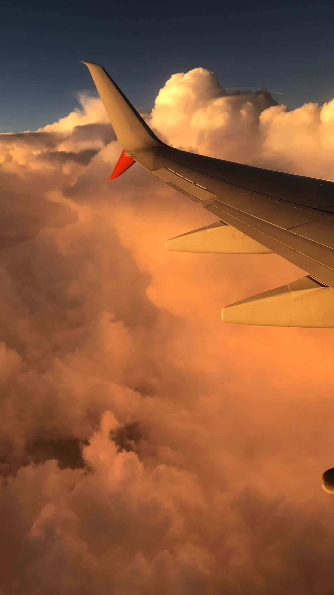 日落時分，飛機機翼翱翔於金色雲層之上。 — 飛機 壁紙