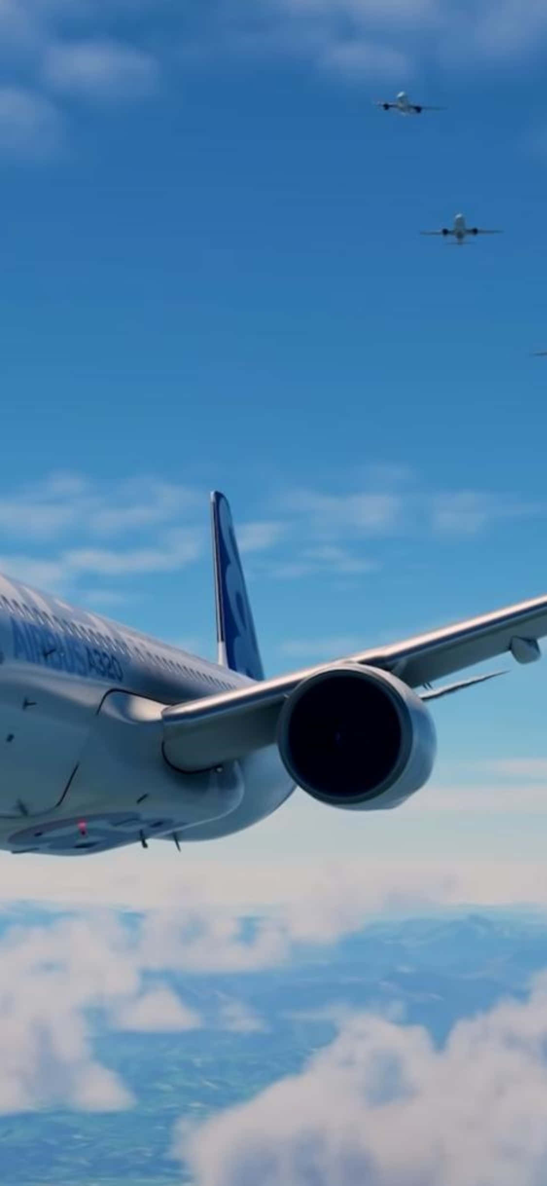 iPhone Xs Microsoft Flight Simulator 桌布 壁紙 — 飛機機翼在蓬鬆雲層上方翱翔的特寫視角，蔚藍天空中還可見另外兩架飛機。