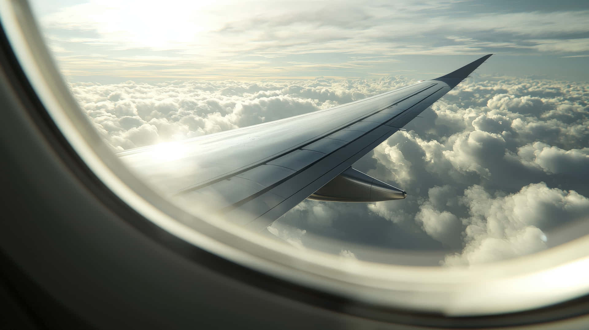 Airplane Wing Over Clouds Seen from Window Seat 壁紙 — 飛機機翼延伸在無盡的蓬鬆白雲之上，透過圓形飛機窗戶觀看，伴隨著柔和的金色陽光。