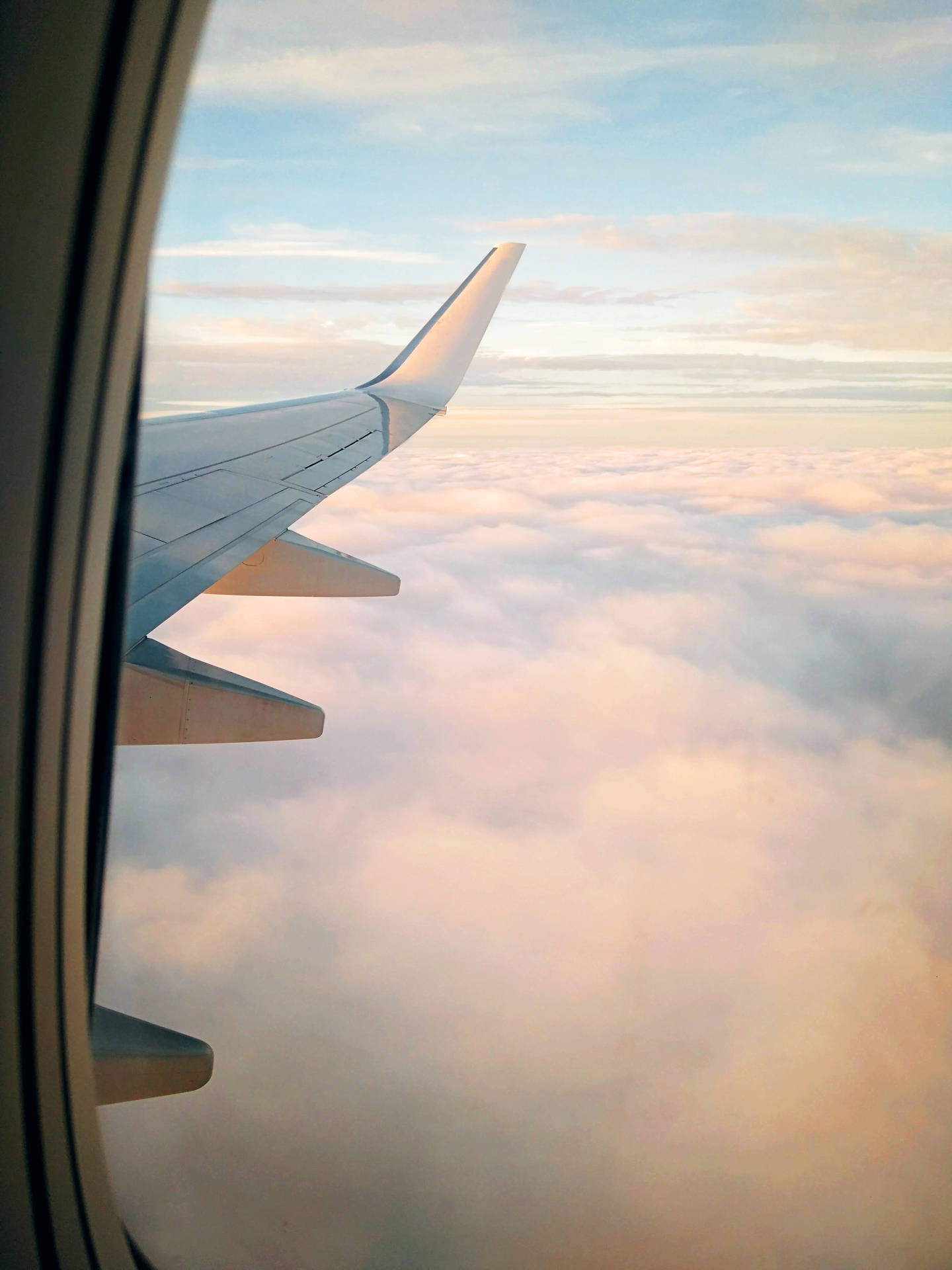 日出時粉紅色和金色雲層上的飛機翼 — 旅行 GIF 壁紙