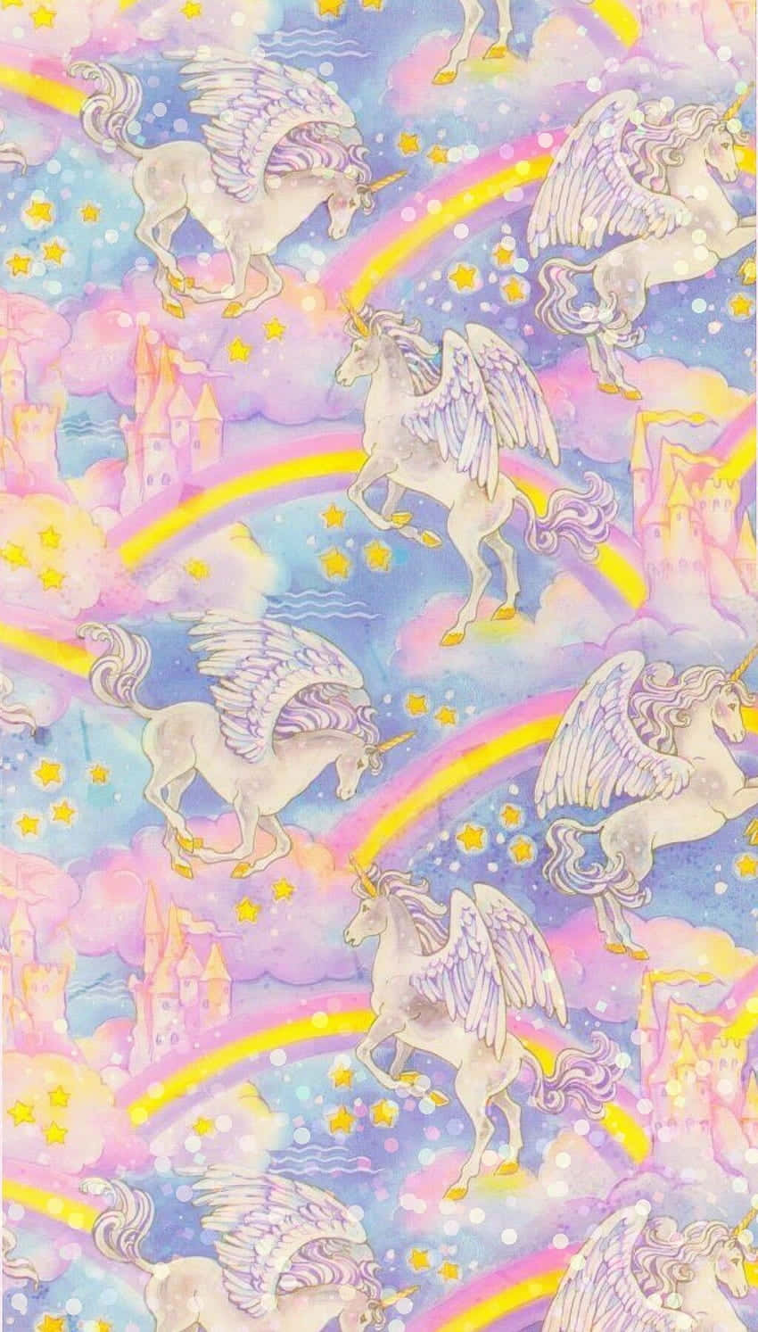 桌布 壁紙 — 飛翔的獨角獸在粉彩天空中翱翔，伴隨著彩虹、星星和城堡剪影，呈現出奇幻的水彩幻想。