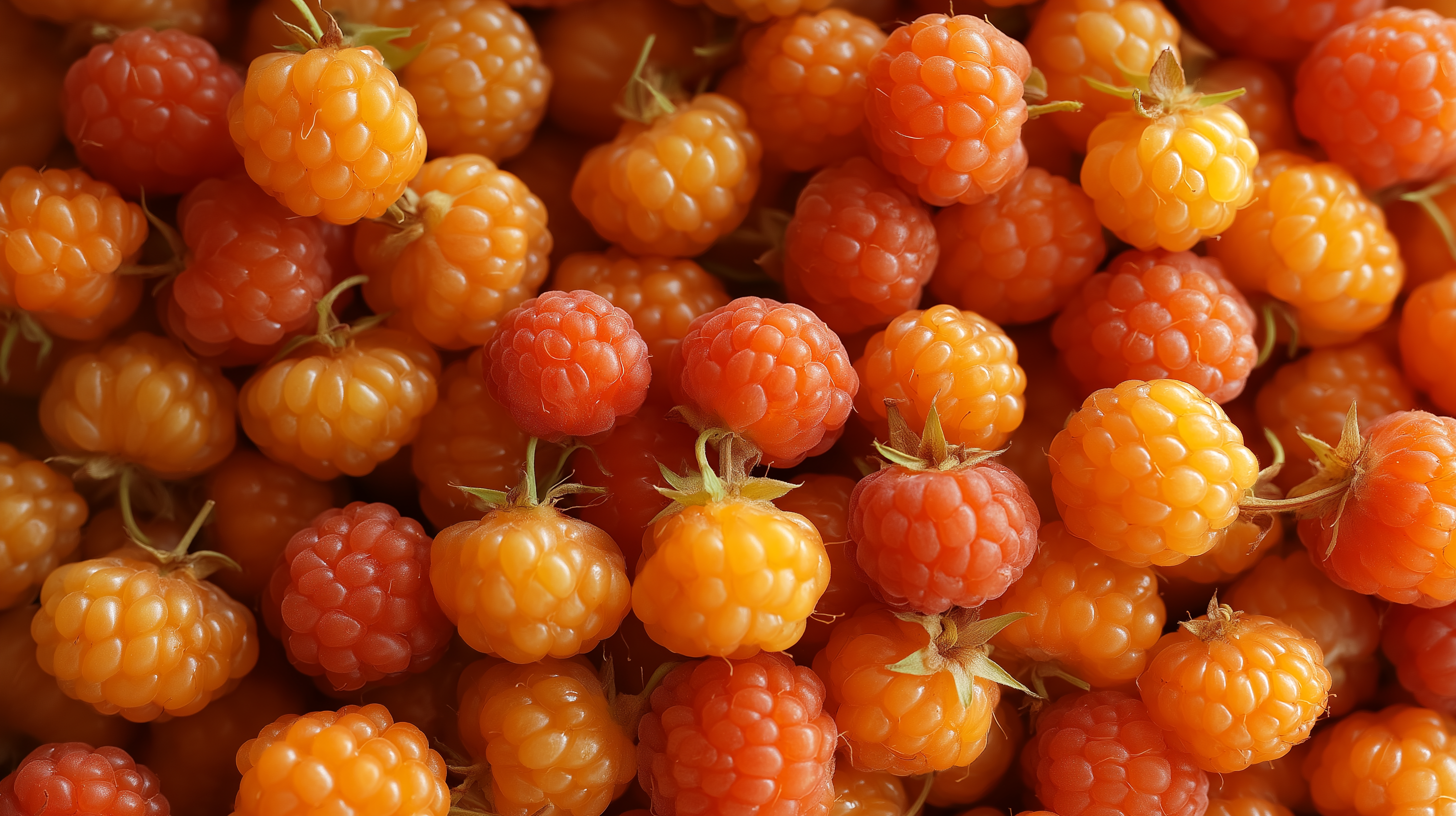 Fruit 桌布 壁紙 — 飽滿金色覆盆子的特寫，表面有紋理，綠色莖部聚在一起。