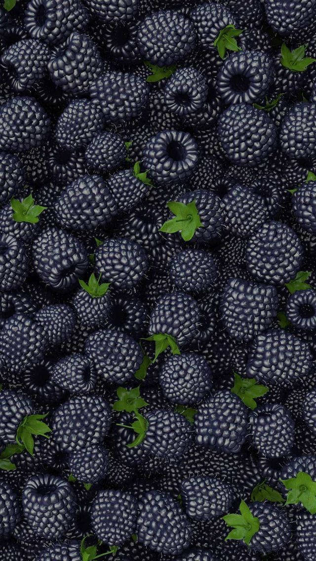 Berry 桌布 壁紙 — 飽滿黑莓的密集特寫，帶有光澤的深紫色果皮和散落的綠葉。