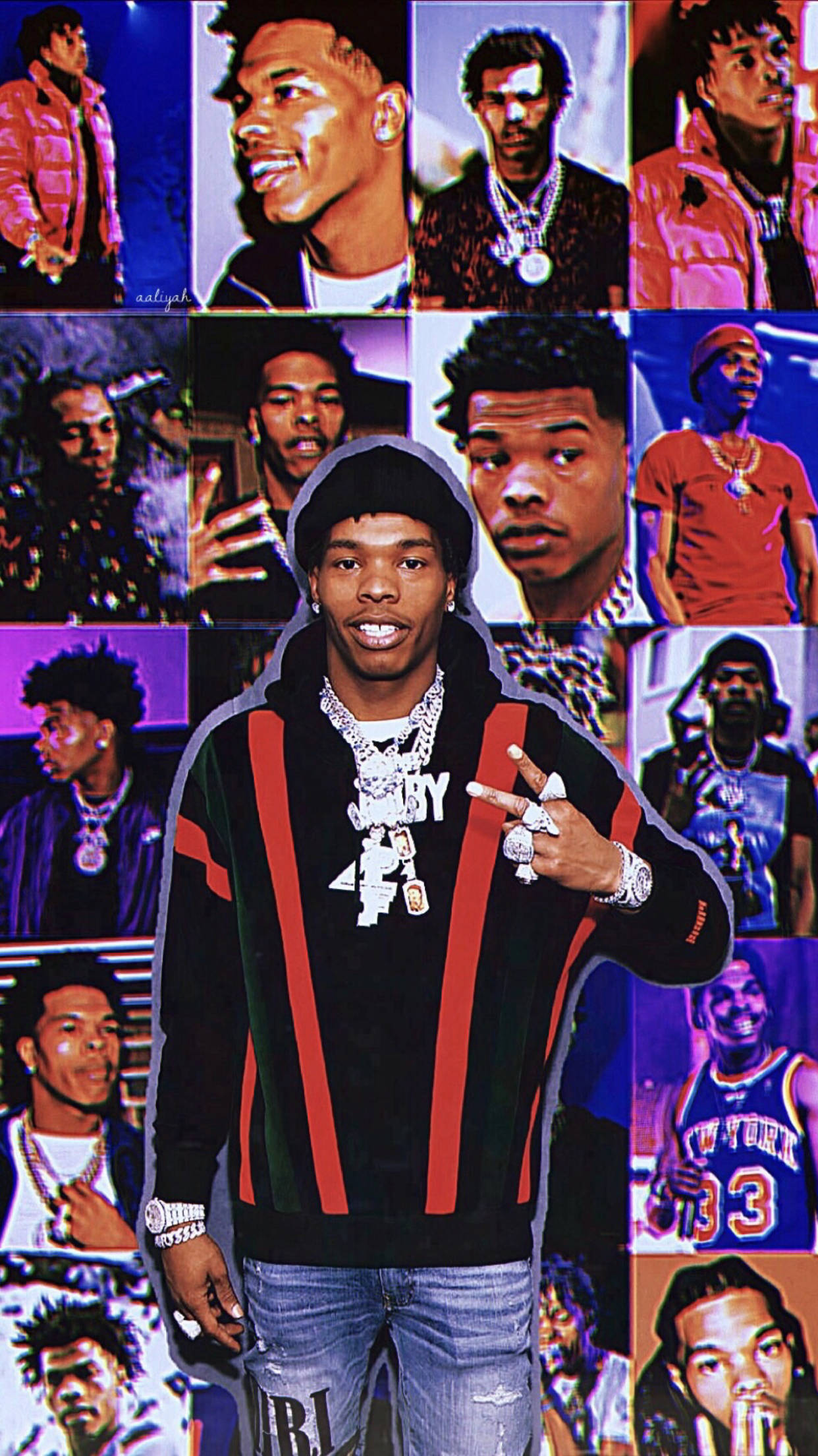 小寶貝 桌布 壁紙 — 饒舌歌手 A$AP Rocky 在充滿活力的紫色和藍色背景前，以各種姿勢和服裝組成的拼貼畫。