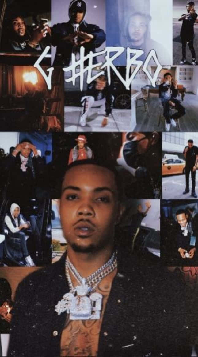 Herbo iPhone 桌布 壁紙 — 饒舌歌手 G Herbo 的拼貼畫，展示多種都市姿勢，佩戴鏈條和街頭服飾，並有粗體塗鴉文字。
