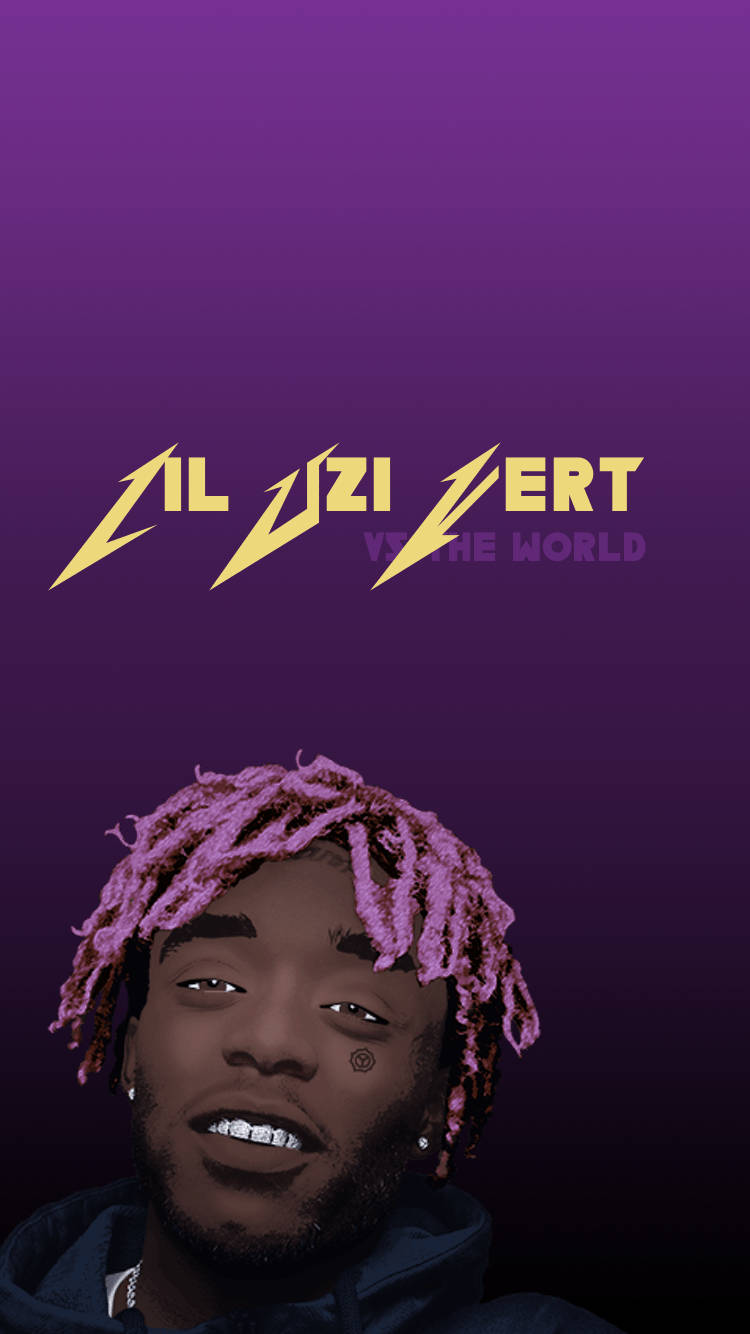 音樂 桌布 壁紙 — 饒舌歌手 Lil Uzi Vert 的肖像，粉紅色辮子，紫色漸變背景，他的名字以粗體黃色閃電字體顯示。