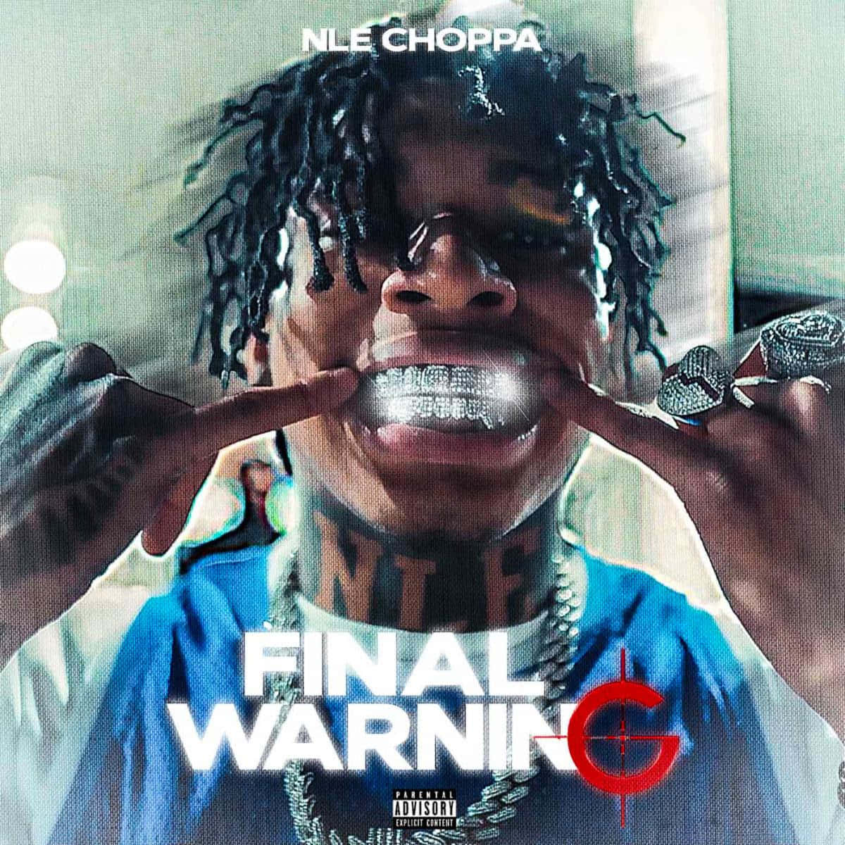 饒舌歌手 NLE Choppa 戴著鑽石 grillz 和戒指在音樂專輯封面。 — NLE Choppa GIF 壁紙