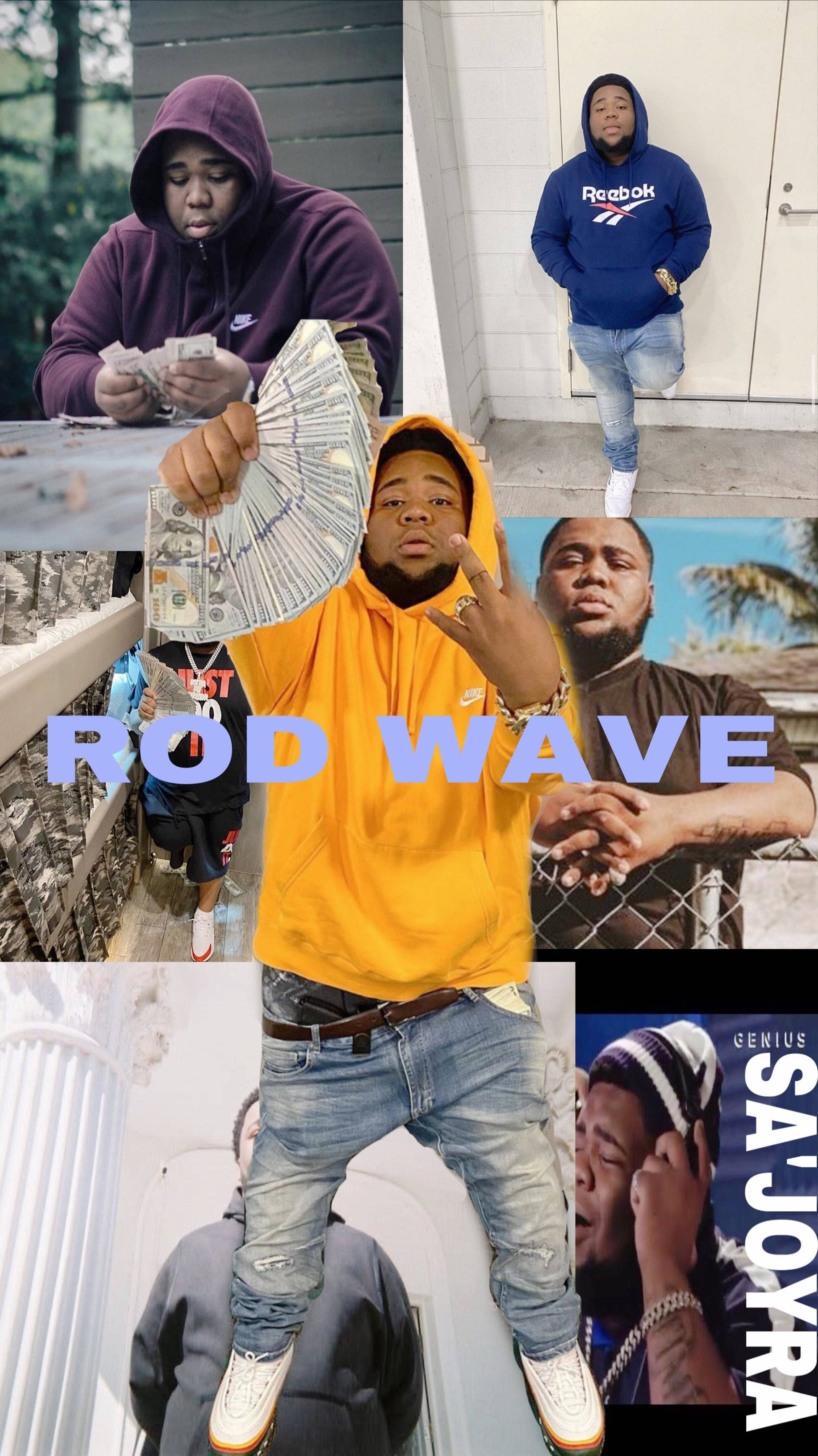 羅德·韋夫 桌布 壁紙 — 饒舌歌手 Rod Wave 以不同姿勢與金錢和街頭服飾在都市背景下的拼貼畫。