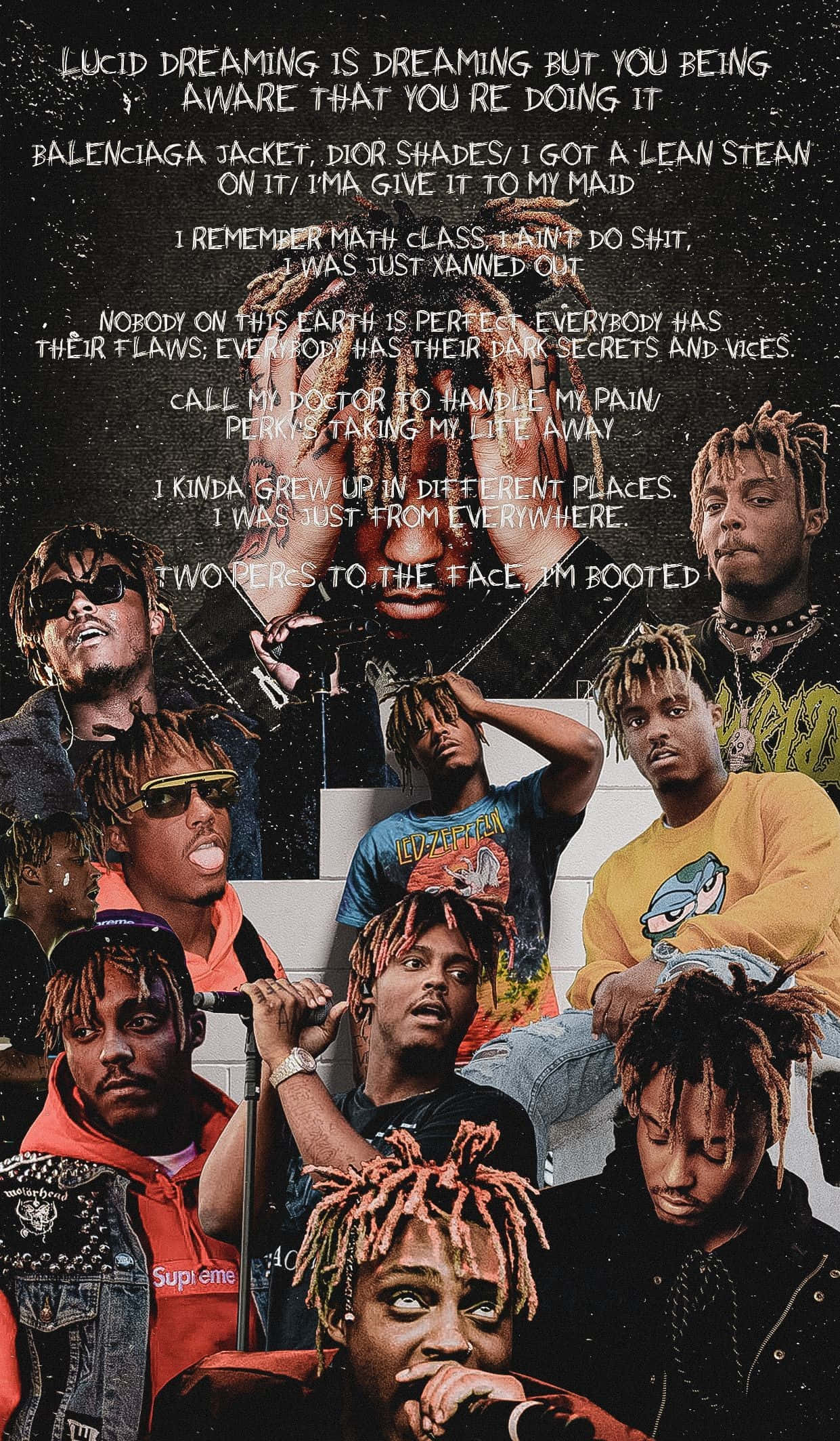 Rappers 桌布 壁紙 — 饒舌歌手 XXXTentacion 在不同姿勢和服裝下的拼貼畫，背景為深色紋理，帶有白色文字引言。