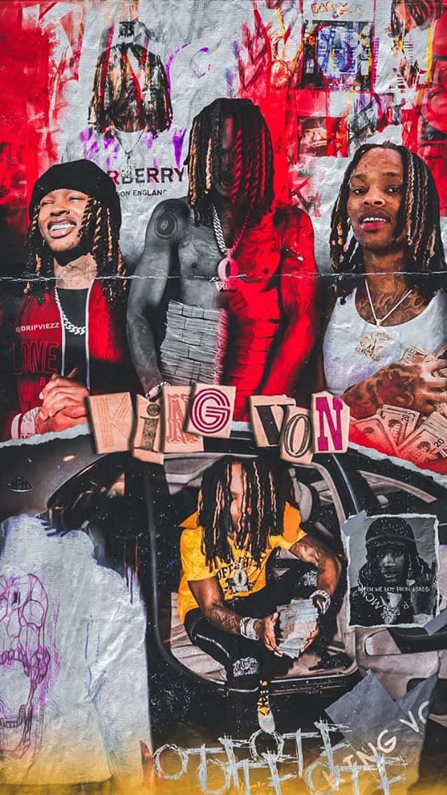 Young Thug 拼貼畫，包含金錢和汽車，呈現都市塗鴉風格 — King Von 壁紙