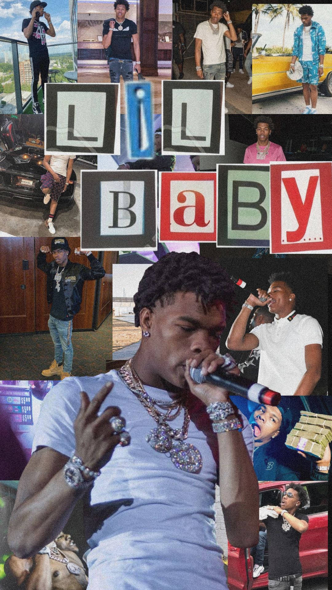 小寶貝 桌布 壁紙 — 饒舌歌手Lil Baby各種姿勢和服裝的鮮豔拼貼，以粗體彩色字母圍繞他的名字為中心。