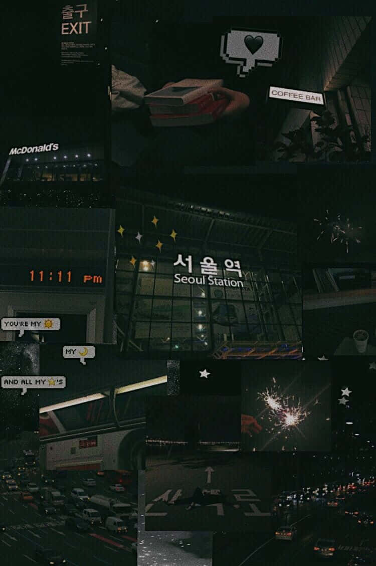 Aesthetic Korean 桌布 壁紙 — 首爾夜晚的陰暗情緒化拼貼畫， featuring 首爾站麥當勞和煙火，帶有像素心形和文字疊加。