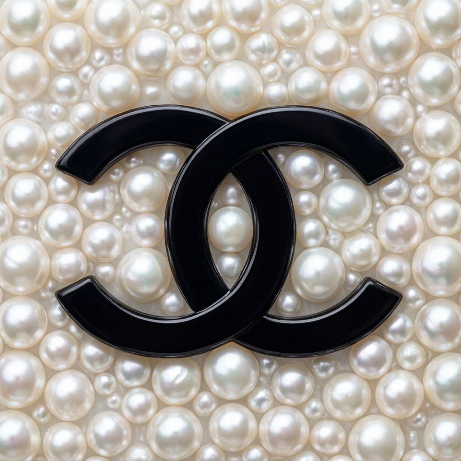 香奈兒CC珍珠 壁紙 — 一個亮面黑色 Chanel 標誌胸針放在一層光澤白色珍珠上，以特寫鏡頭拍攝。