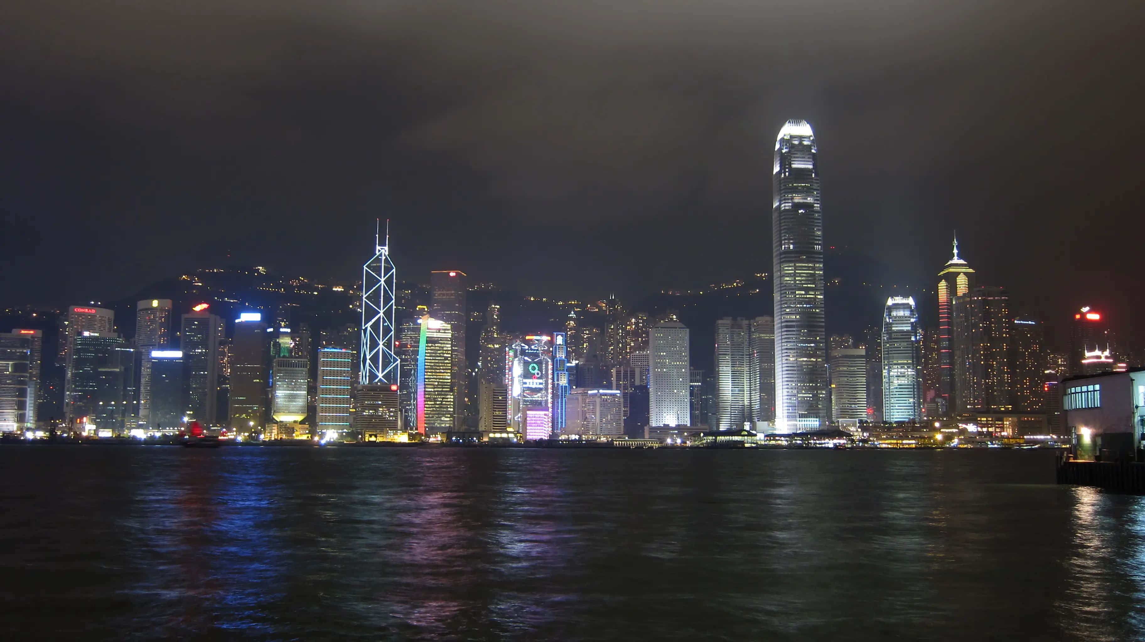 Night Time 桌布 壁紙 — 香港天際線在暗水中倒映的迷人夜景，閃爍的摩天大樓與遠山相映成趣。