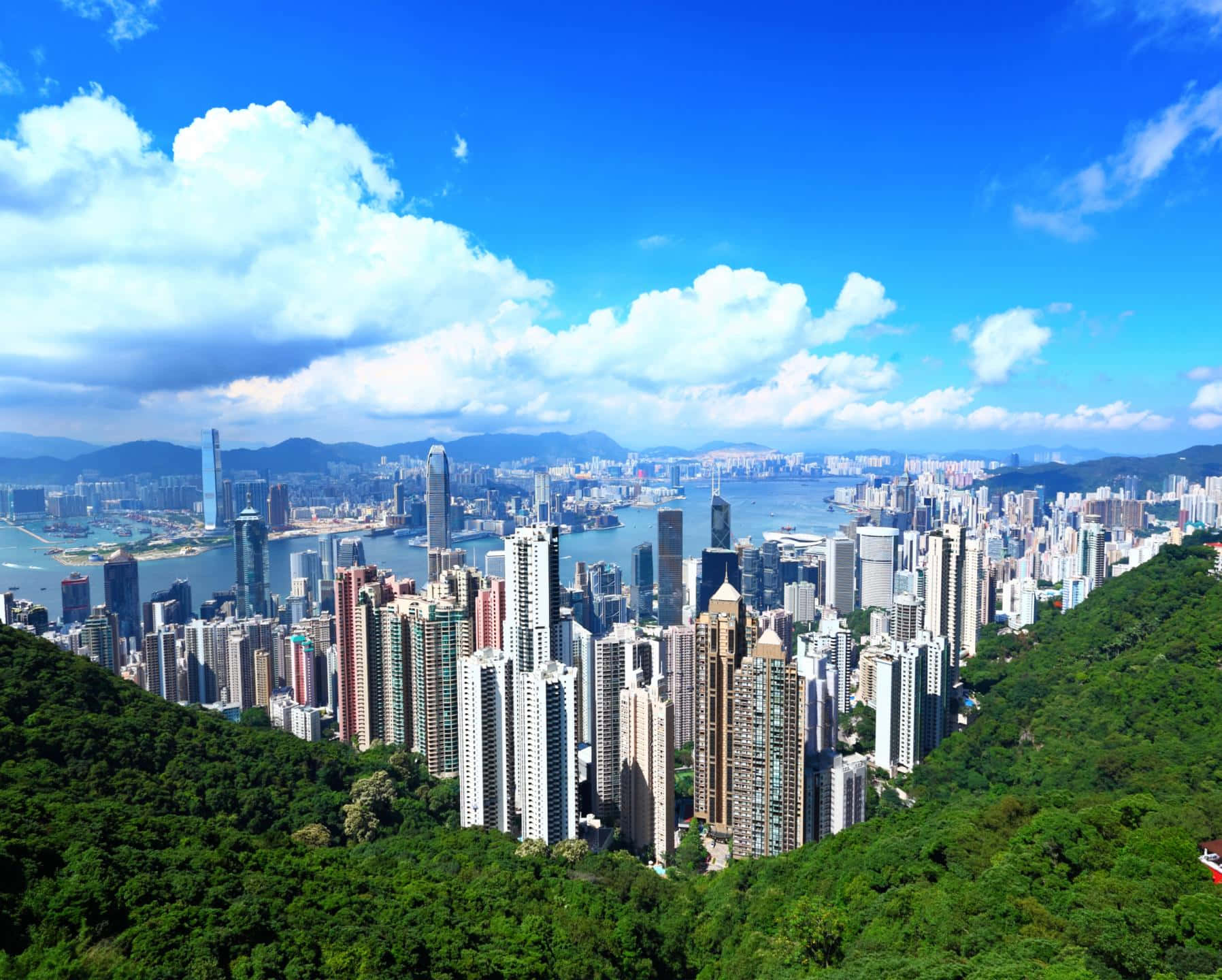 香港 桌布 壁紙 — 香港天際線的充滿活力的全景視圖，鬱鬱蔥蔥的綠色山丘環繞著高聳的摩天大樓，在明亮的藍天和白雲下。