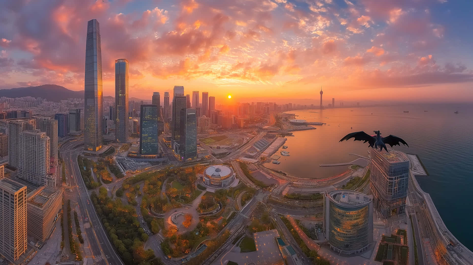 Epic Cityscape at Sunset with a Dragon Flying Over Water 壁紙 — 香港天際線的鳥瞰圖，夕陽西下，金色雲朵高聳於摩天大樓和港口之上，並有一座龍雕像。
