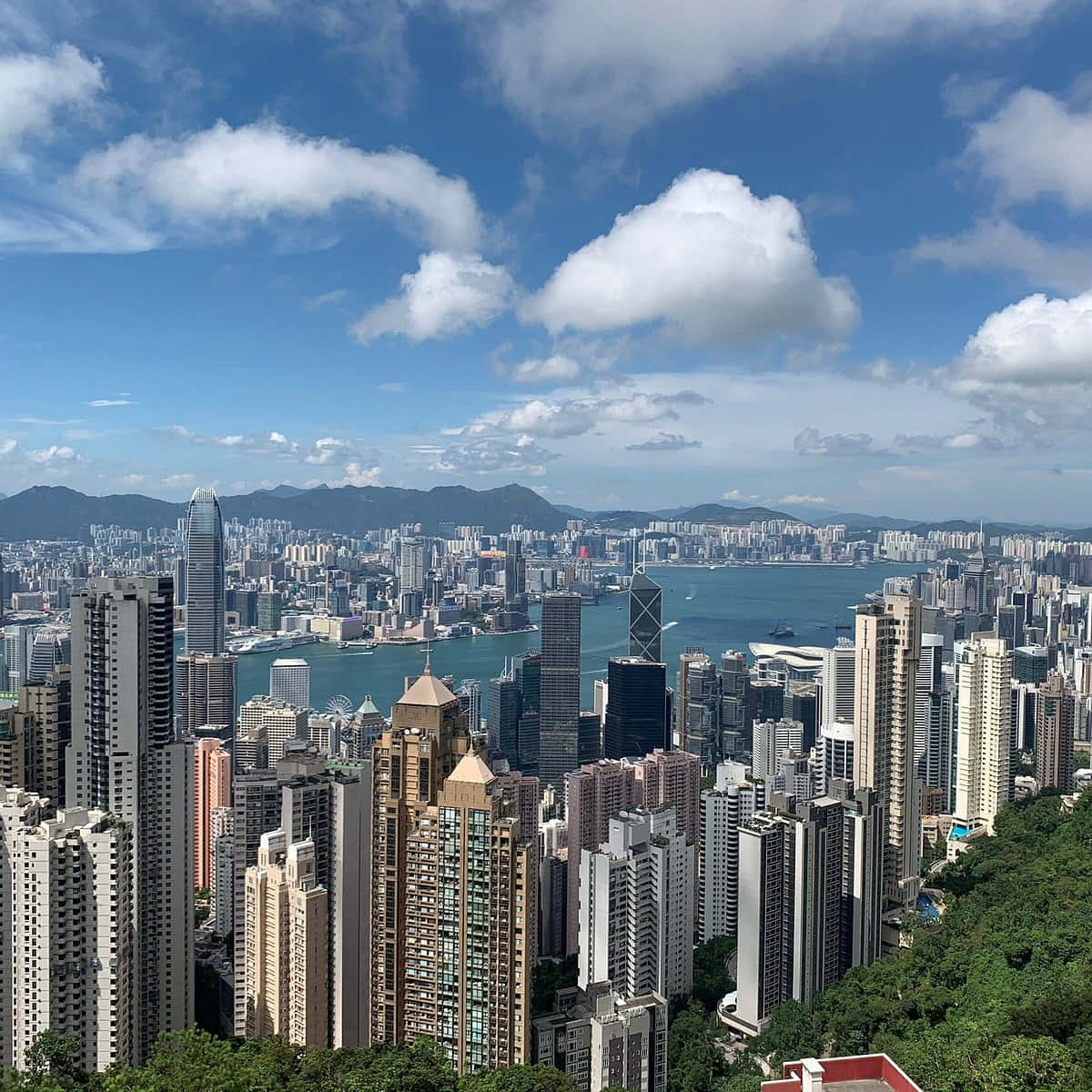 香港 桌布 壁紙 — 香港密集天際線的全景視圖，高聳的摩天大樓、港口和遠處的山脈，在明亮的藍天下有蓬鬆的白雲。