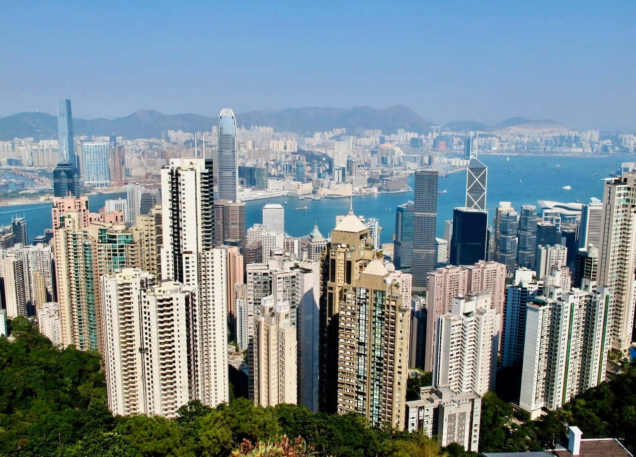香港 桌布 壁紙 — 香港密集天際線的全景視圖，高聳的摩天大樓、充滿活力的藍色海港和遠處的山脈在晴朗的天空下。