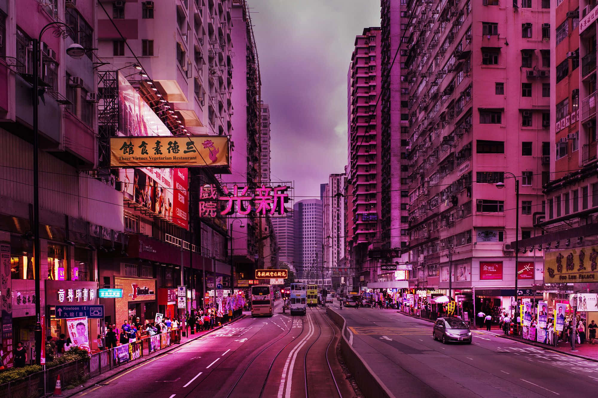 Pink City 桌布 壁紙 — 香港黃昏時分一條充滿活力的霓虹燈城市街道，高聳的建築物和發光的招牌在道路上投射出粉紅色調。