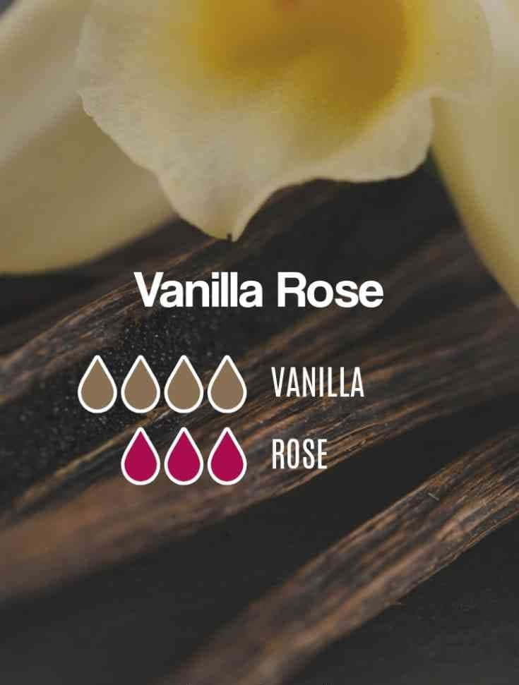 Rose Oil 桌布 壁紙 — 香草豆和奶油白色蘭花放在深色木頭上，帶有「Vanilla Rose」文字和香味指示。