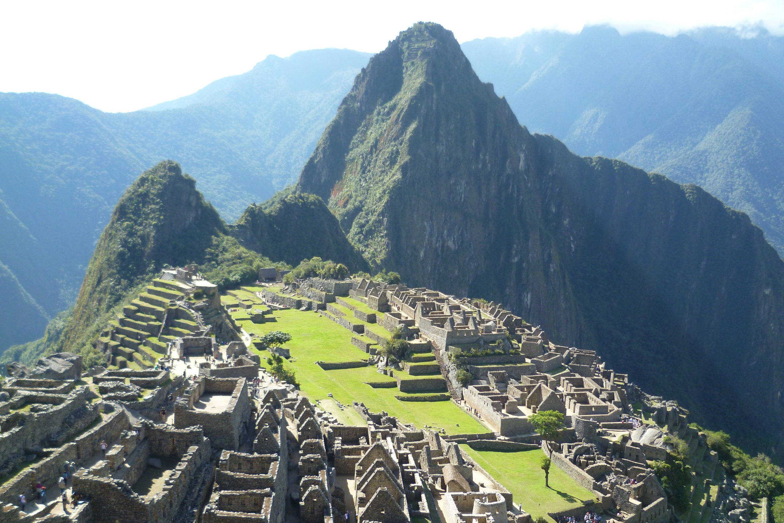 Photography Desktop 桌布 壁紙 — 馬丘比丘的古老石頭遺址遍佈在陽光明媚的山脊上，背景是鬱鬱蔥蔥的綠色梯田和高聳的山峰。