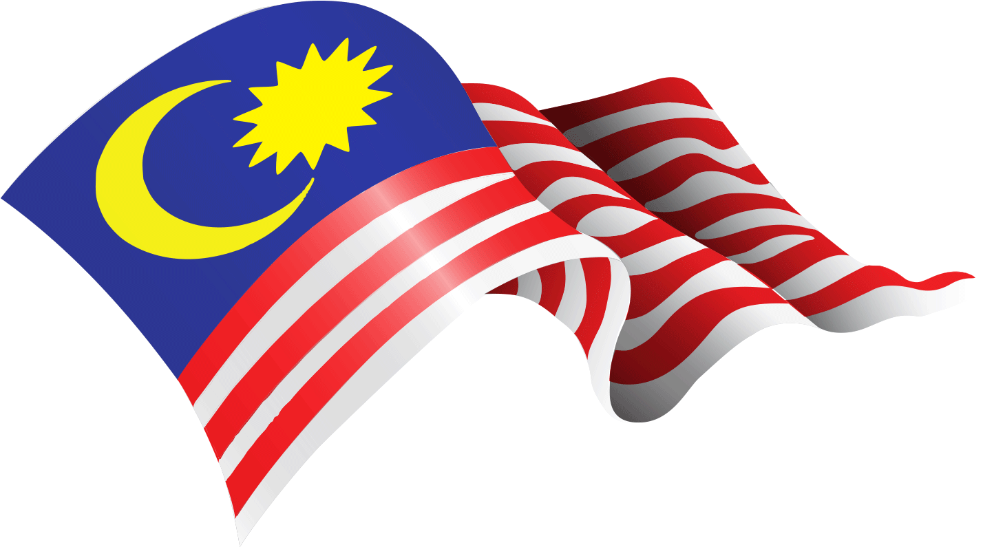 Malaysia 桌布 壁紙 — 馬來西亞國旗，藍色底色，黃色新月和星星，在黑色背景上飄揚。