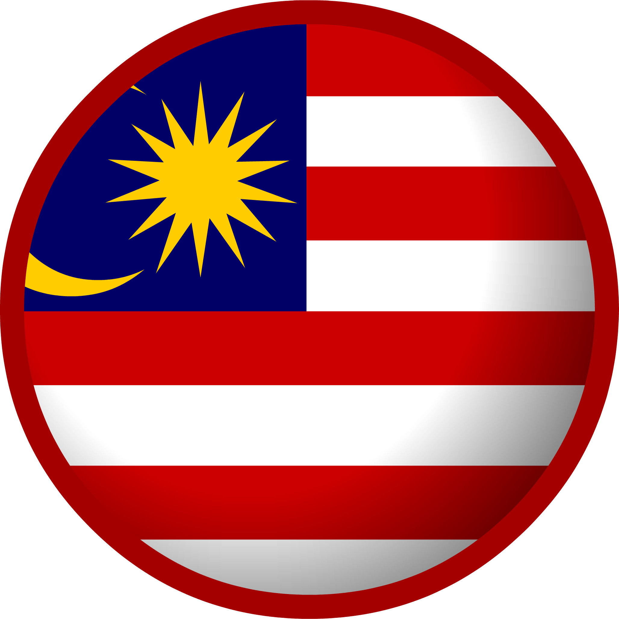 Malaysia 桌布 壁紙 — 馬來西亞國旗呈現為帶有紅白條紋和藍色 canton 以及黃色新月和星星的光澤圓形徽章。