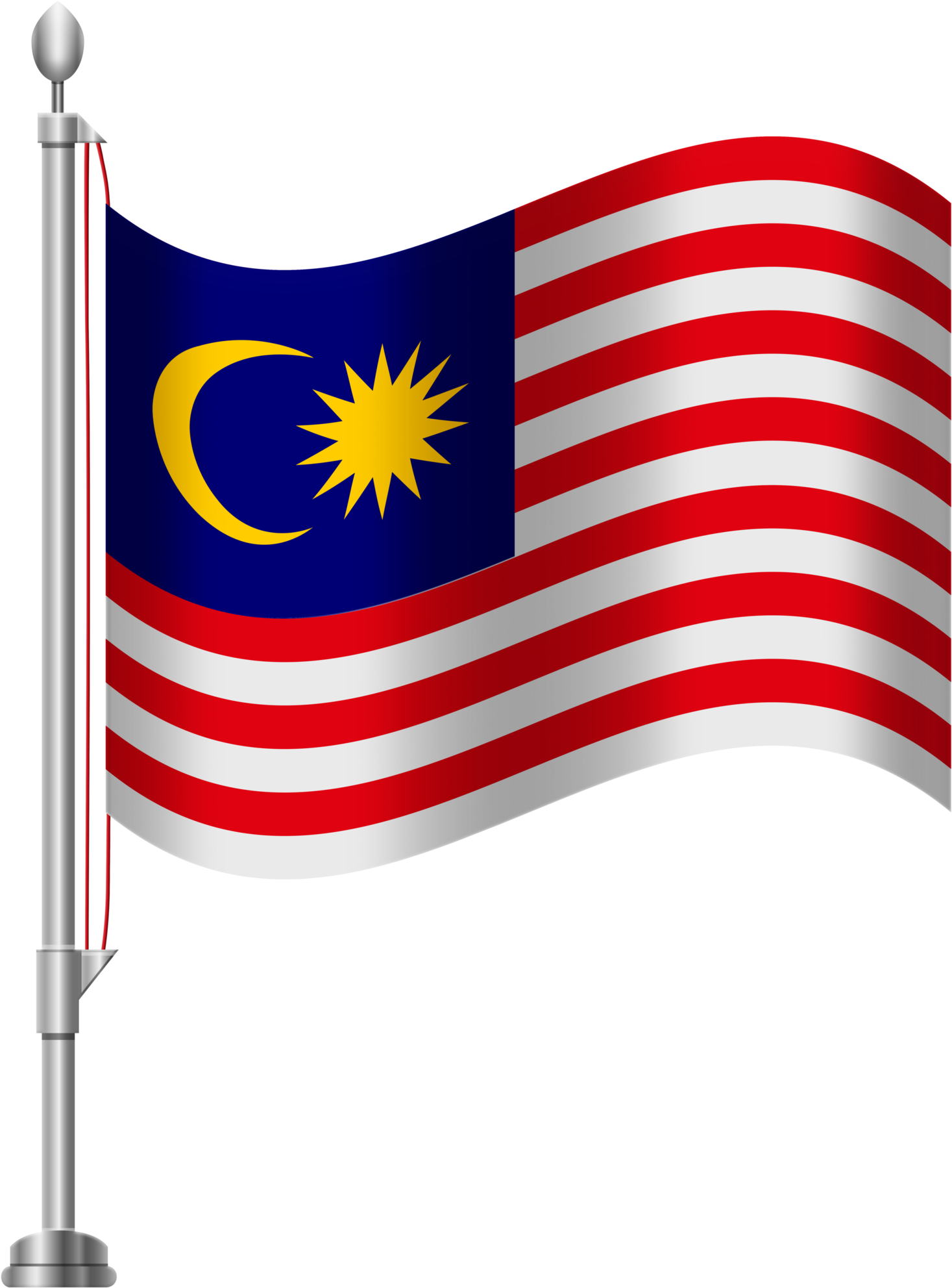Malaysia 桌布 壁紙 — 馬來西亞國旗帶有新月和星星波浪，自豪地飄揚在黑色背景的銀色旗桿上。