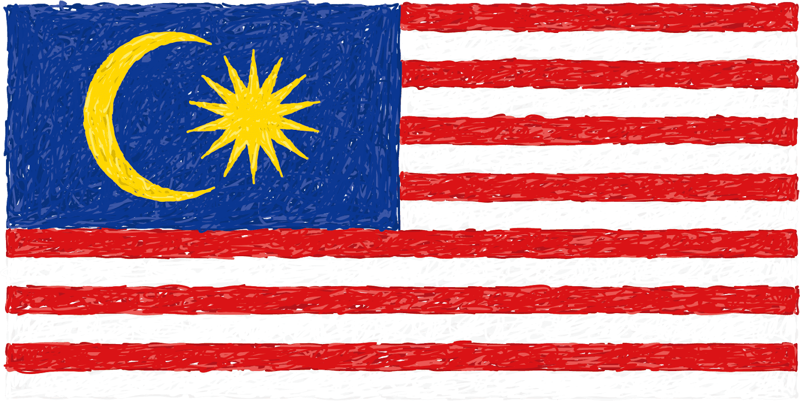 Malaysia 桌布 壁紙 — 馬來西亞國旗的手繪紋理插圖，藍色左上角有黃色新月和星星，下方是紅白條紋。