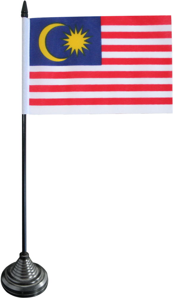 Malaysia 桌布 壁紙 — 馬來西亞國旗置於金屬桌面支架上，背景為純黑色。