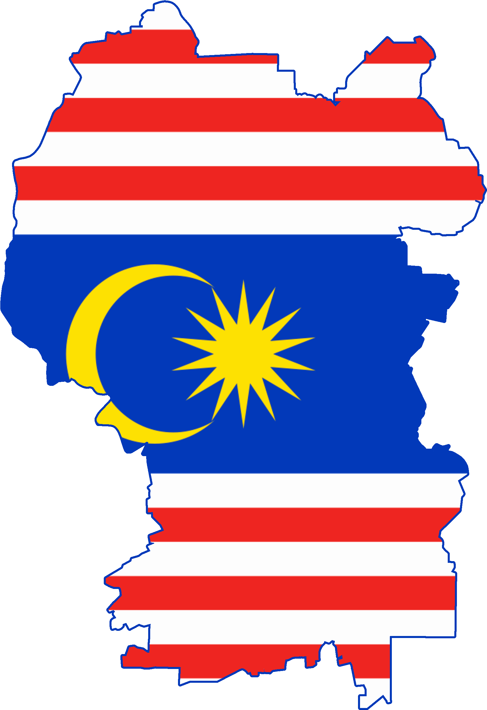 Malaysia 桌布 壁紙 — 馬來西亞地圖輪廓填充其國旗紅白條紋和藍色區域，帶有黃色新月和星星。
