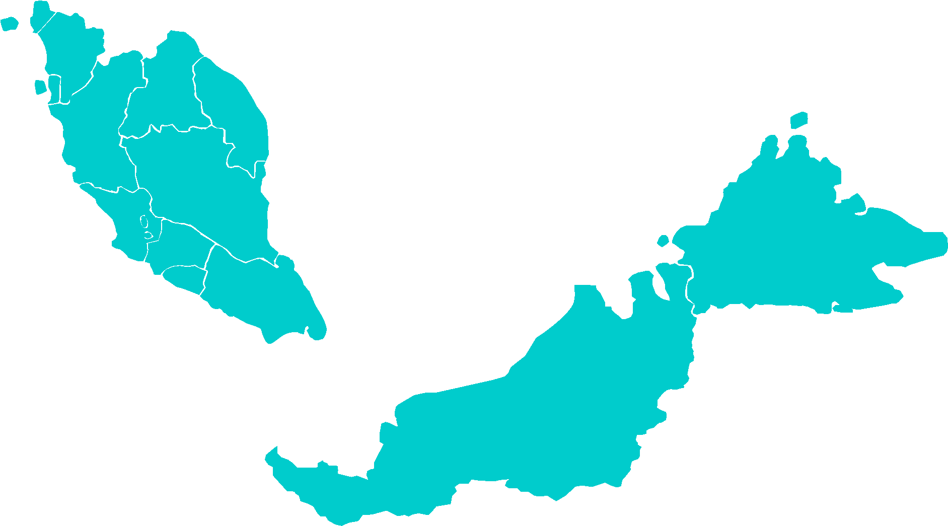 Map 桌布 壁紙 — 馬來西亞的藍綠色剪影地圖，帶有內部邊界，背景為黑色。