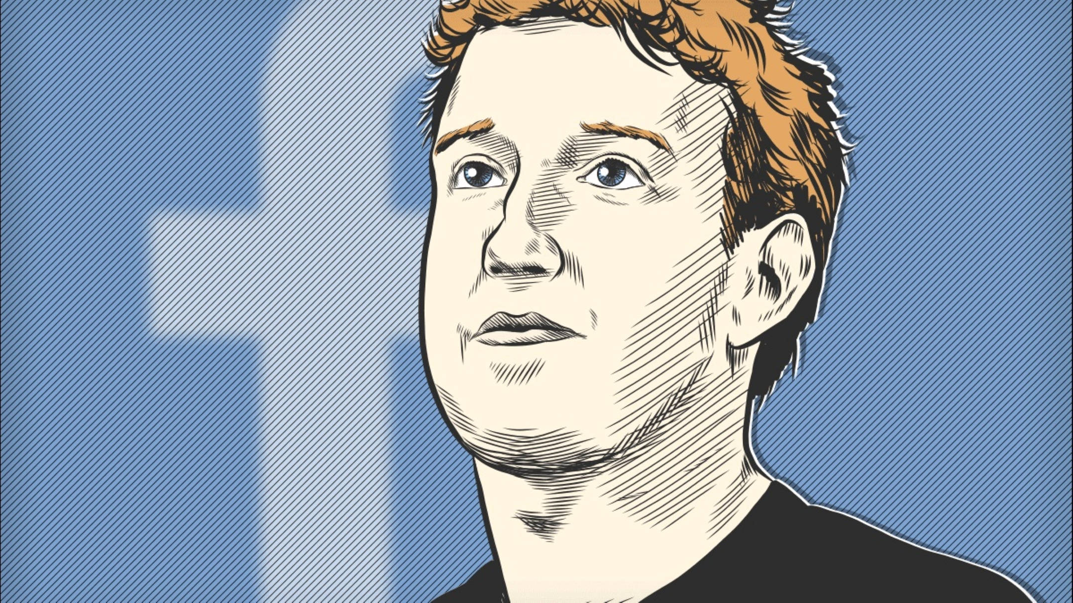 Zuckerberg 桌布 壁紙 — 馬克·祖克柏的插圖肖像，背景是藍色Facebook標誌和陰影線。