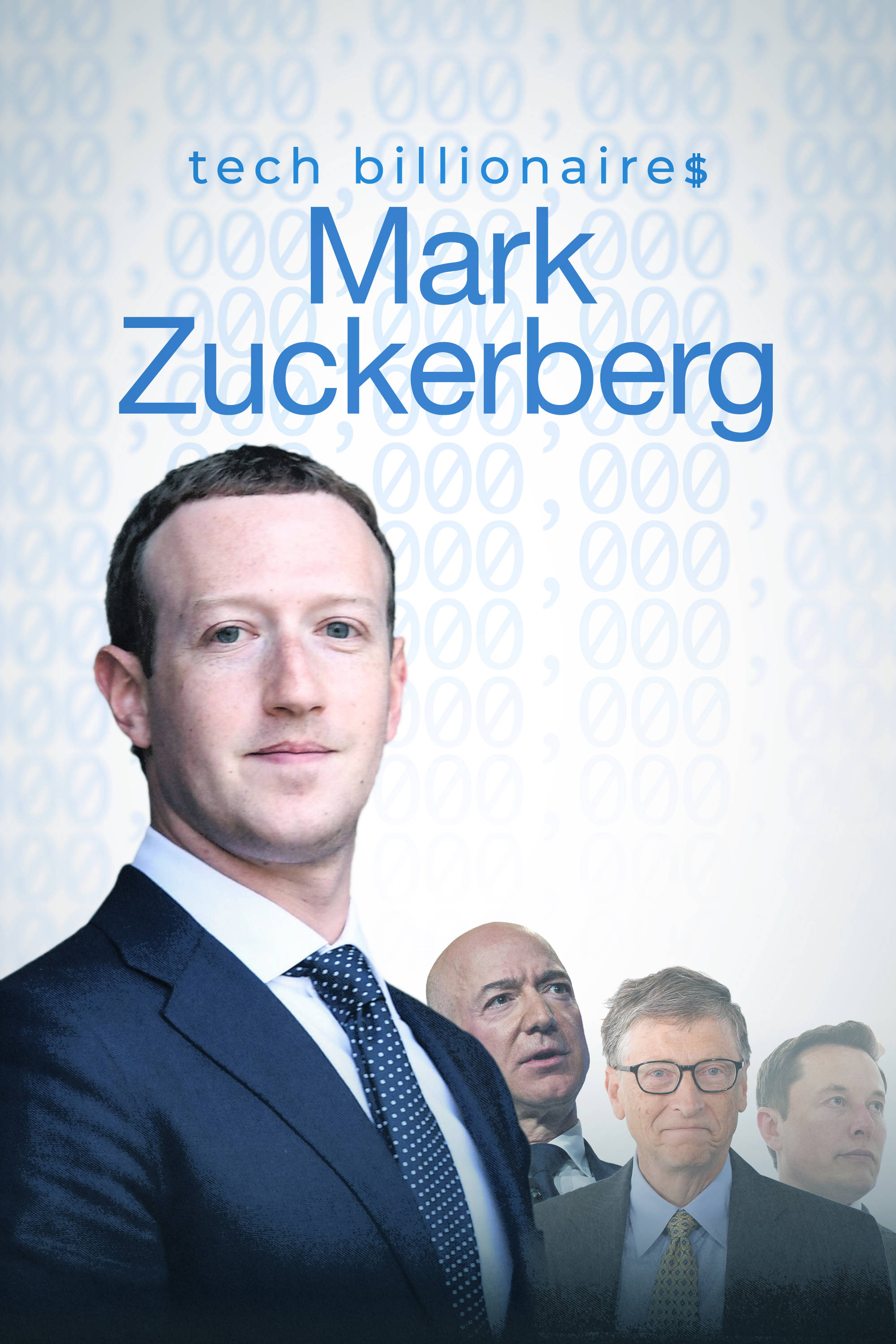 Zuckerberg 桌布 壁紙 — 馬克·祖克柏身穿深色西裝的肖像，上面覆蓋著文字和其他科技億萬富翁的模糊圖像，背景是重複的美元符號。