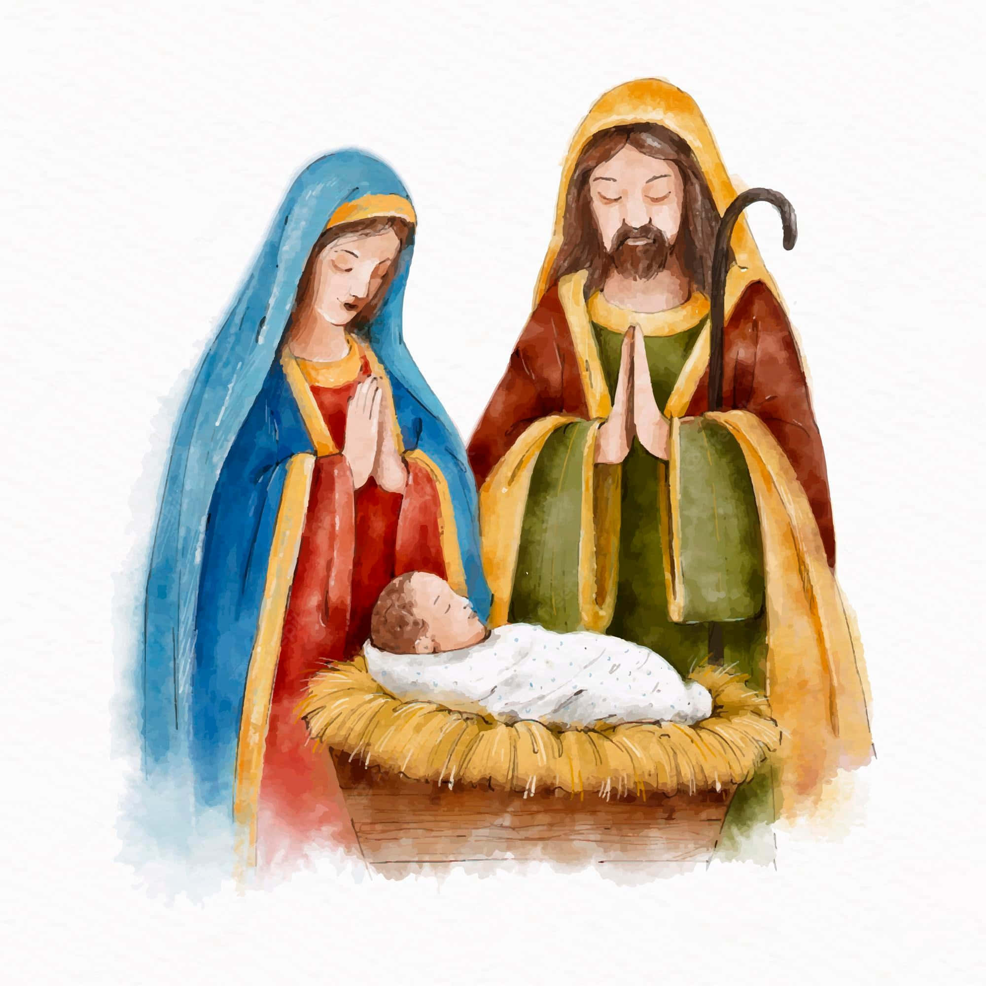 Religious Christmas 桌布 壁紙 — 馬利亞和約瑟跪在馬槽裡的嬰兒耶穌旁邊祈禱的水彩插圖。