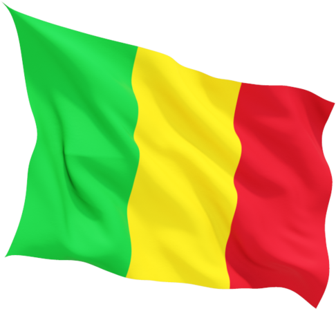 Mali 桌布 壁紙 — 馬利國旗在純黑背景上動態飄揚，展現出鮮明的綠色、黃色和紅色垂直條紋。