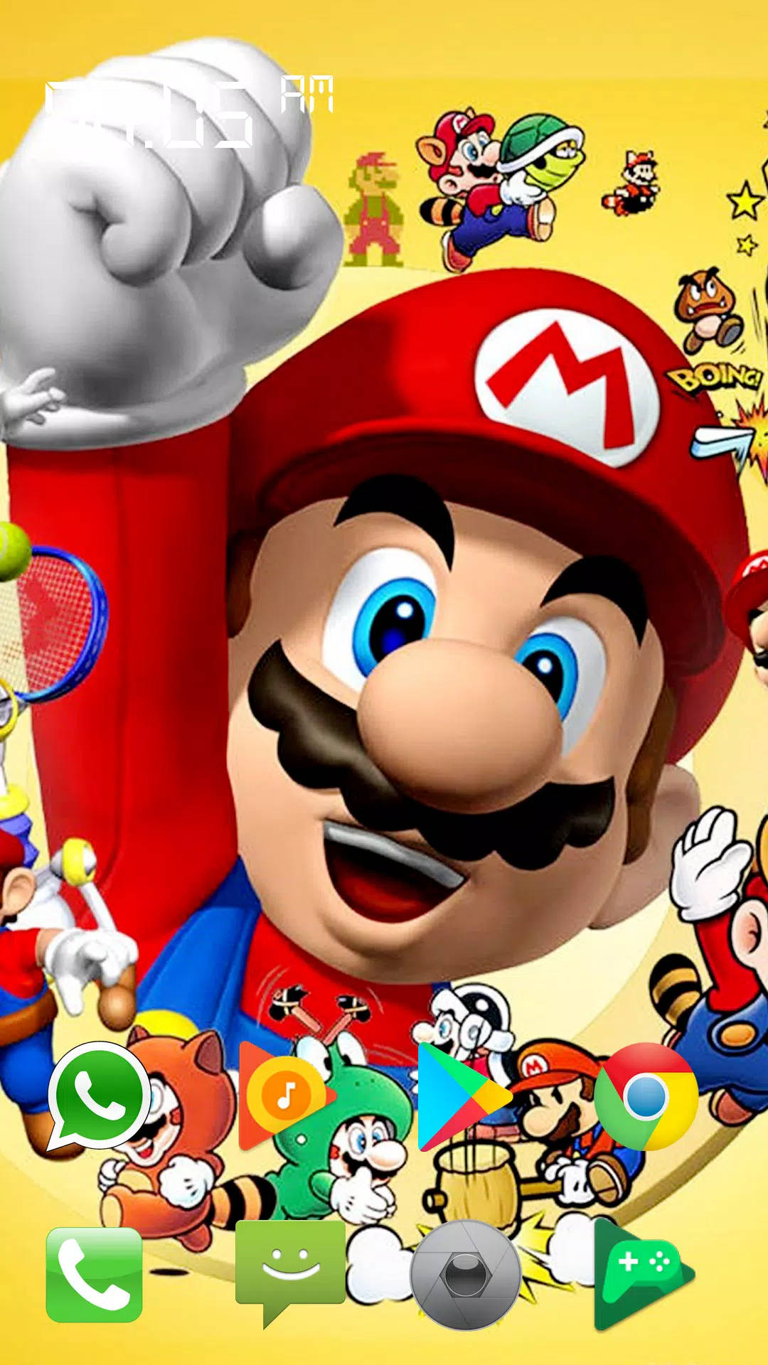 Mario And Luigi 桌布 壁紙 — 馬力歐戴著紅色帽子、穿著藍色吊帶褲，在手機主畫面上被色彩繽紛的任天堂角色包圍，露出勝利的笑容。