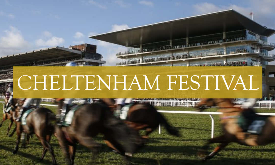 Cheltenham Festival 桌布 壁紙 — 馬匹和騎師在陽光照耀的草地上奔馳，切爾滕納姆節的看台擠滿觀眾，藍天白雲下場面熱鬧。