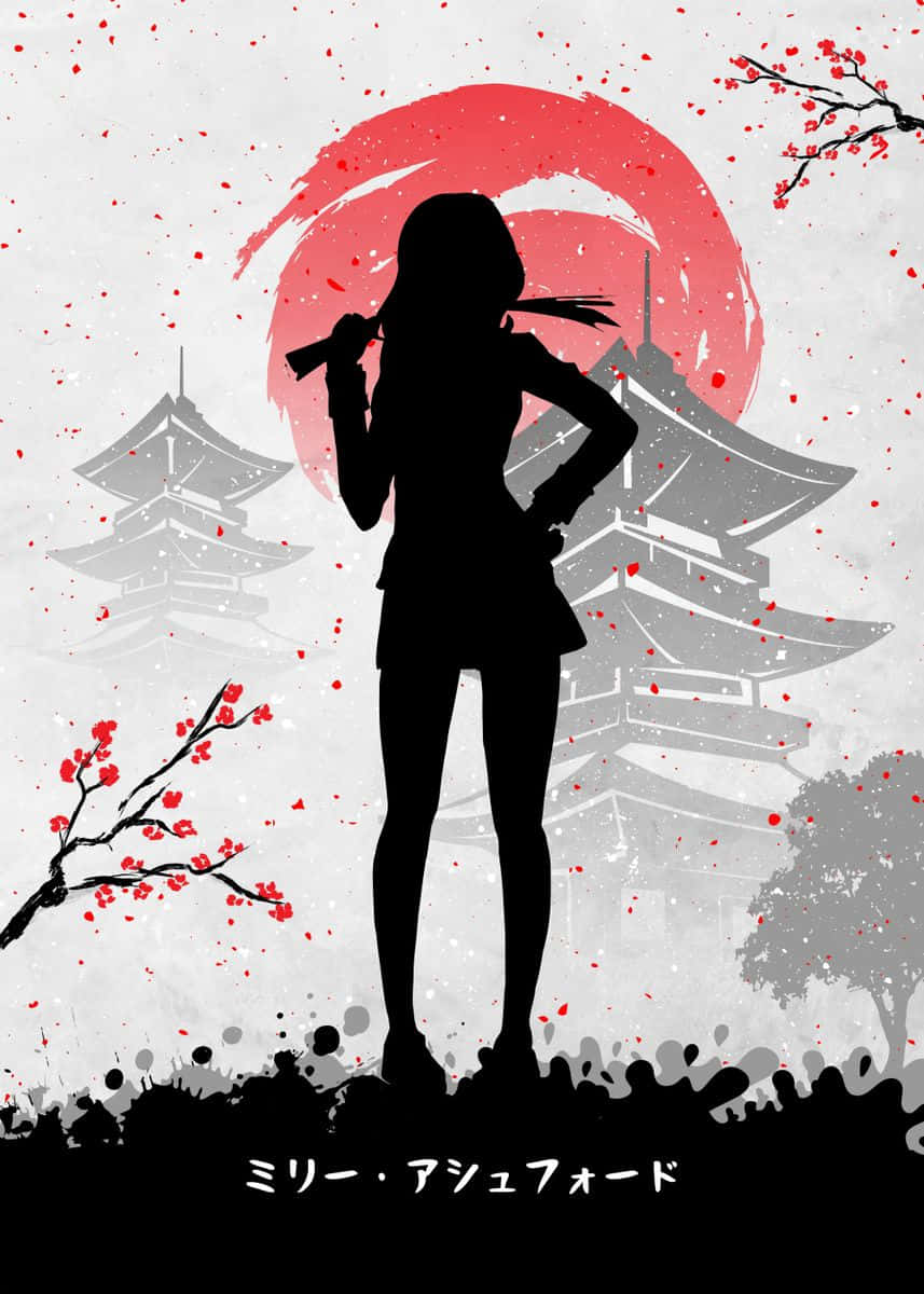 Milly Ashford 桌布 壁紙 — 馬尾辮女孩的剪影站在紅日和櫻花飄落的寶塔前。