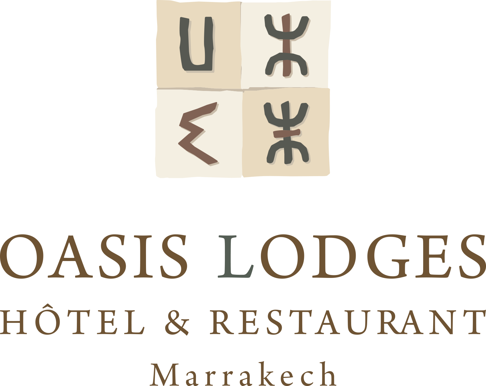 綠洲 桌布 壁紙 — 馬拉喀什Oasis Lodges Hotel & Restaurant的標誌，具有抽象符號和優雅字體。