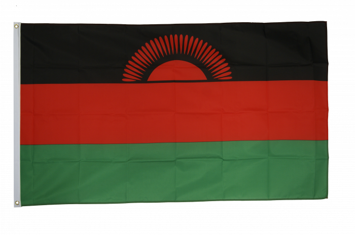 Malawi 桌布 壁紙 — 馬拉威國旗的特寫，具有黑色、紅色和綠色的水平條紋，黑色條紋中央有一個紅色太陽標誌。