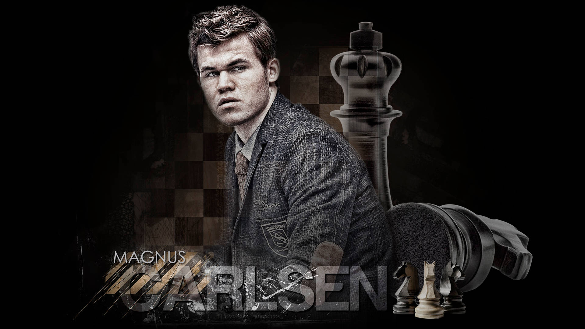 Magnus 桌布 壁紙 — 馬格努斯·卡爾森在深色背景的棋盤上，旁邊有巨大的棋子，目光專注。