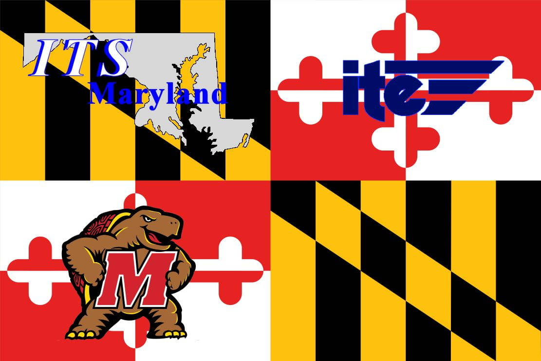 美國 桌布 壁紙 — 馬里蘭州旗圖案的拼貼畫，上面疊加了包括ITS Maryland和一個拿著M的龜吉祥物在內的標誌。