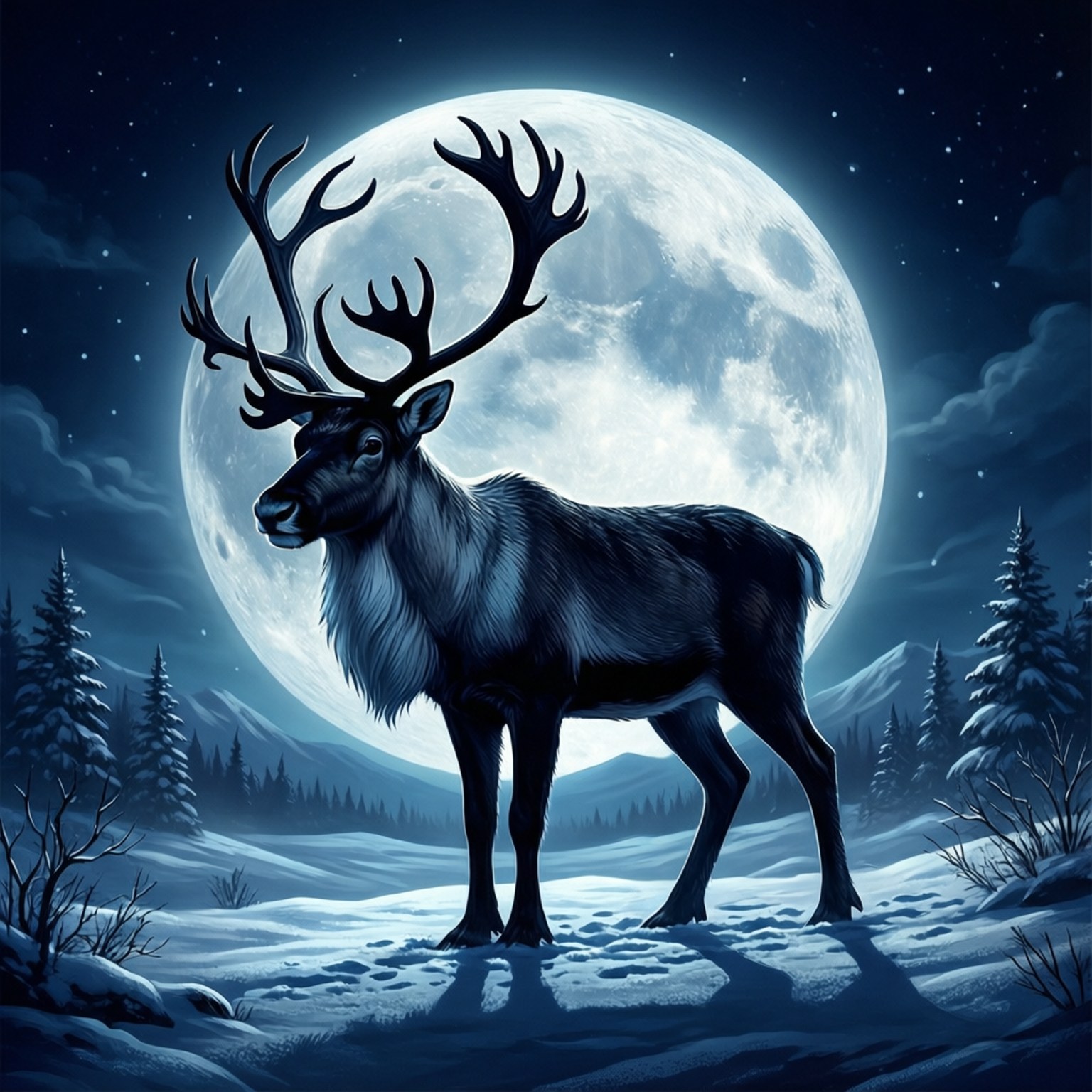 馴鹿與滿月 壁紙 — 一隻雄偉的馴鹿站在雪地森林中，頭頂是巨大的滿月，周圍繁星點點。