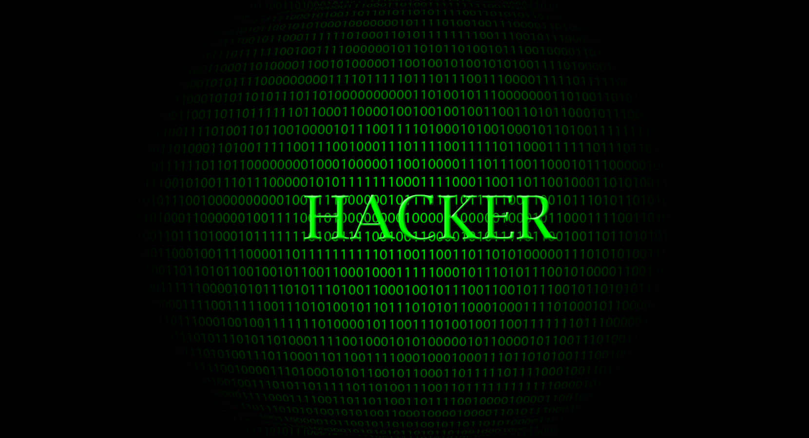 Hacking 桌布 壁紙 — 「駭客」一詞在充滿滾動二進制代碼的黑色背景上發出綠色光芒。