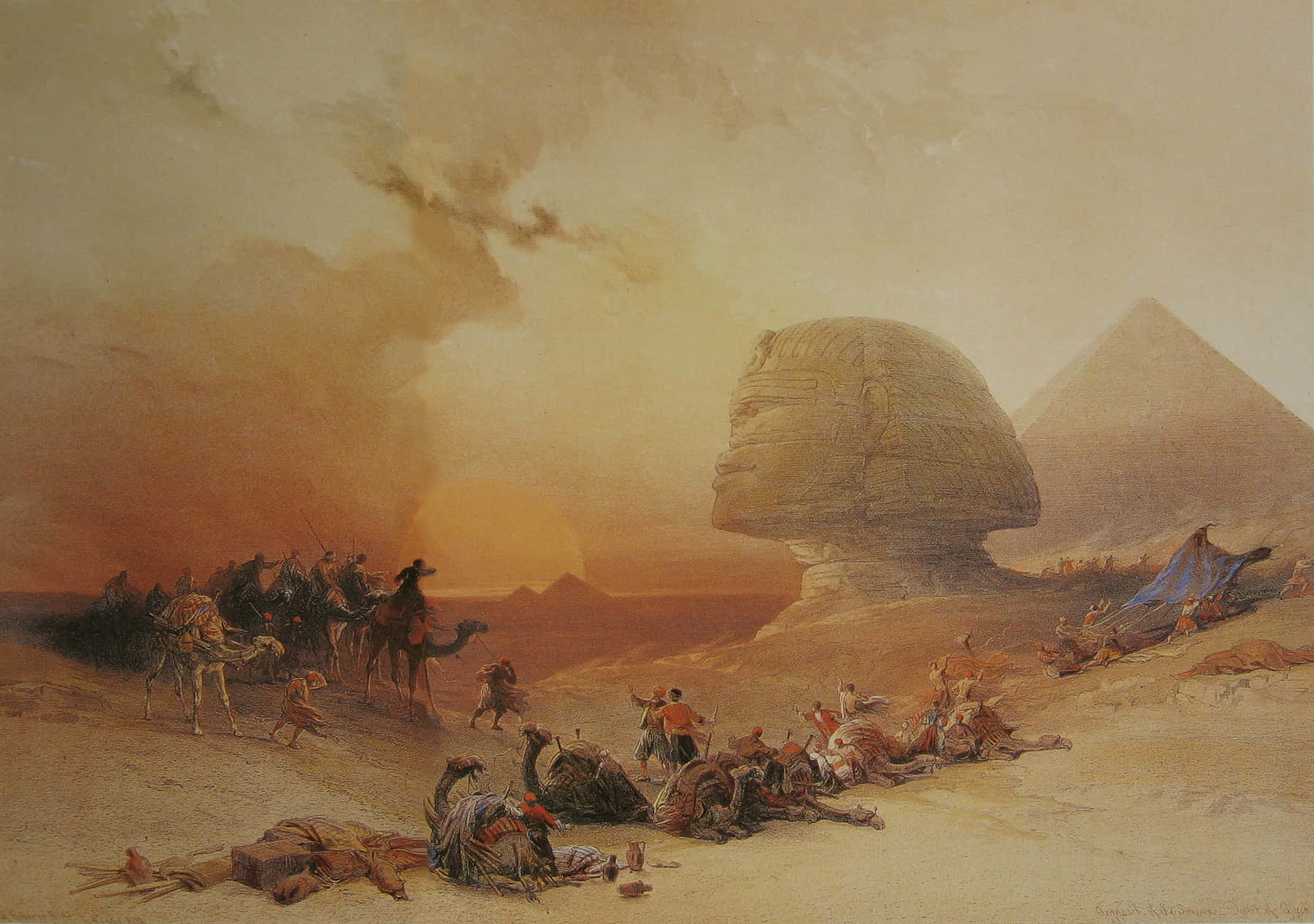 egyptian 桌布 壁紙 — 駱駝和旅行者的商隊在日落時分，於巨大的獅身人面像和金字塔前的金色沙漠沙地上休息。