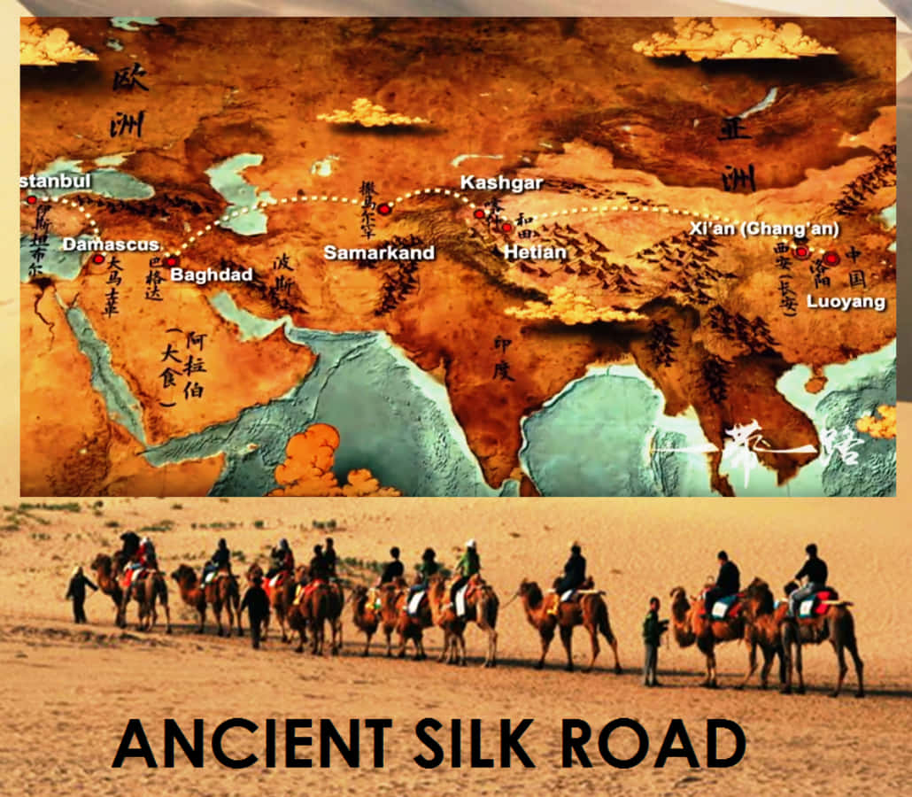 history 桌布 壁紙 — 駱駝和旅行者的沙漠商隊沿著古老的絲綢之路前進，下方是顯示主要貿易城市的風格化地圖。