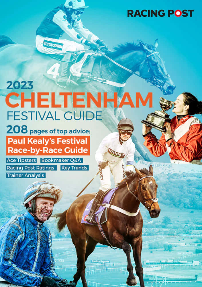 Cheltenham Festival 桌布 壁紙 — 騎師策馬競賽，在充滿活力的切爾滕納姆節指南封面上慶祝勝利，配有粗體文字和賽馬圖像。