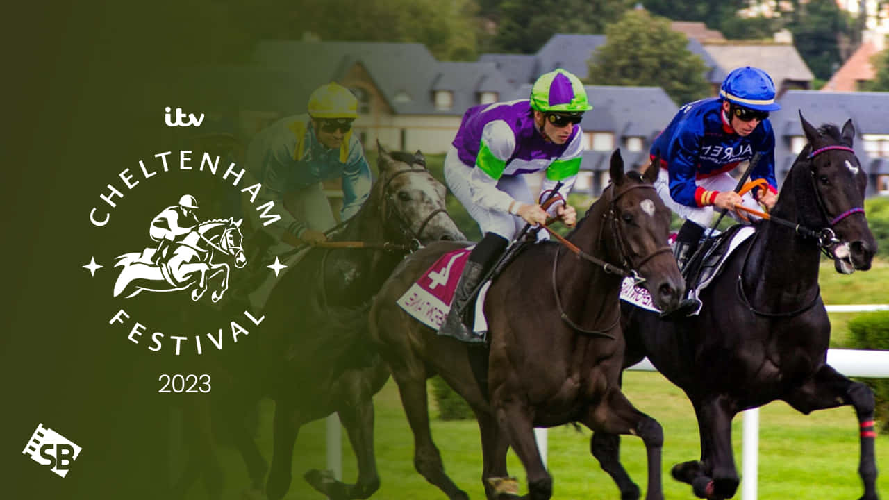 Cheltenham Festival 桌布 壁紙 — 騎師身穿色彩繽紛的絲綢，在2023年切爾滕納姆節期間於草地賽道上高速競賽純種馬。