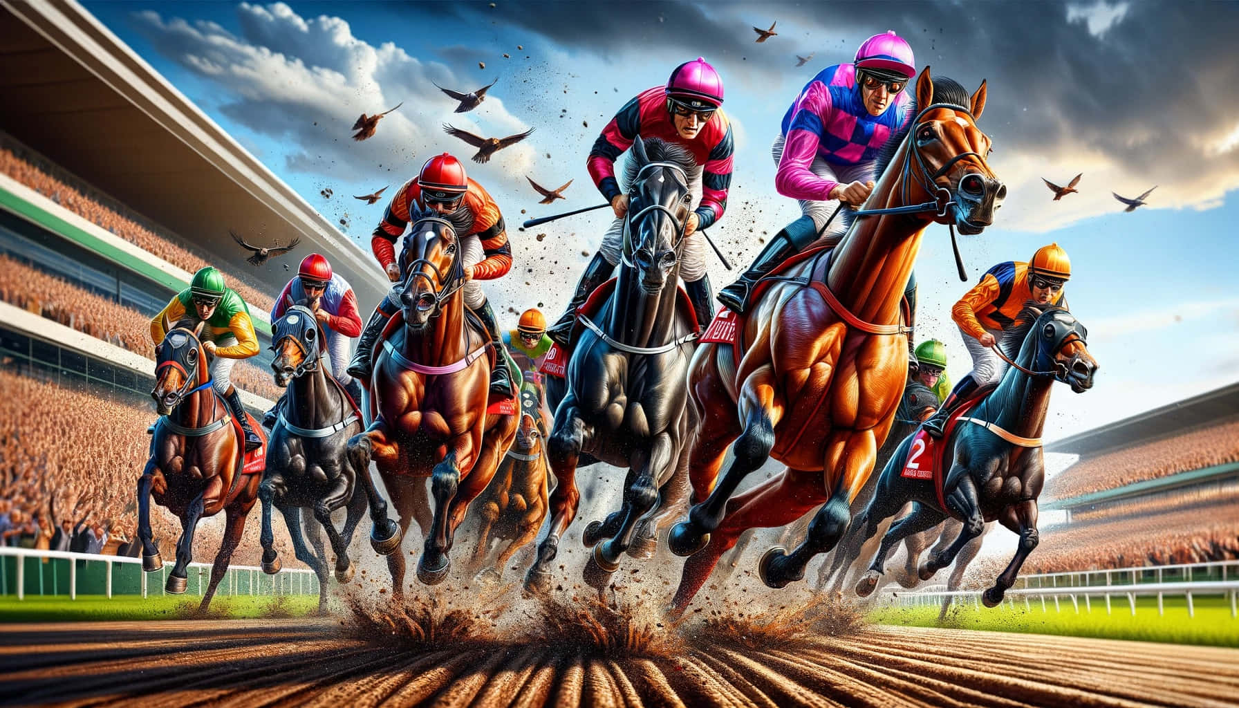  壁紙 — 騎師身穿色彩繽紛的絲綢，在塵土飛揚的賽道上以高速策騎強壯的馬匹，頭頂有鳥兒飛翔。